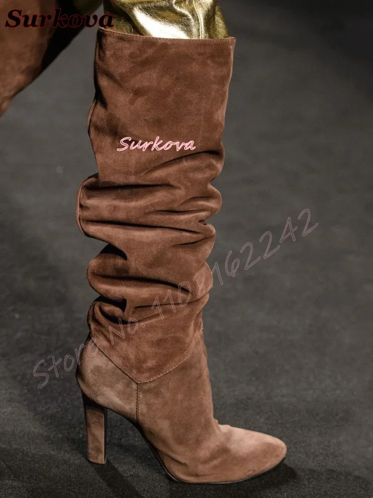 Street Fashion Winter - รองเท้าบูททรงเรโทรแบบสวม ปลายมน ส้นหนา รองเท้าบูทสูงถึงเข่า สำหรับฤดูหนาว แฟชั่นแคทวอล์ค