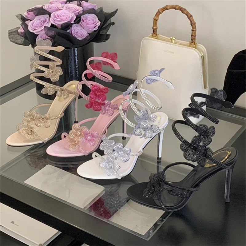 Street Fashion Summer 2026 - รองเท้าส้นสูงแบบเปิดนิ้วเท้า สายรัดข้อเท้า สไตล์สตรีท ประดับคริสตัล สายรัดบาง สำหรับผู้หญิง