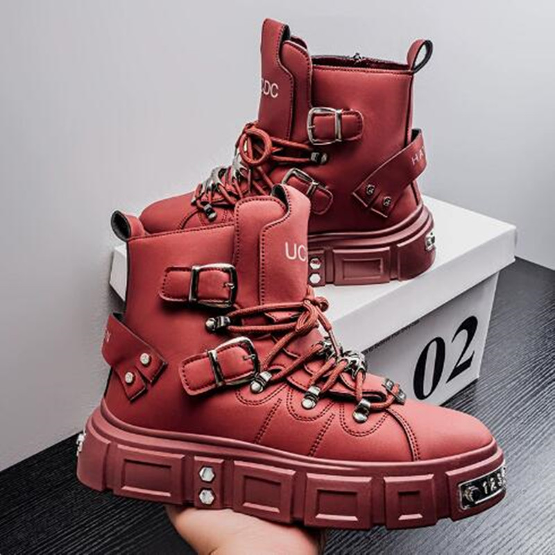 Street Fashion Designers - รองเท้าผ้าใบหุ้มข้อสูงสีดำแบบหรูหราสำหรับผู้ชาย รองเท้าหนังแฟชั่นดีไซน์ทันสมัย สไตล์โกธิค พังก์ รองเท้าบูทมอเตอร์ไซค์ ไซส์ใหญ่