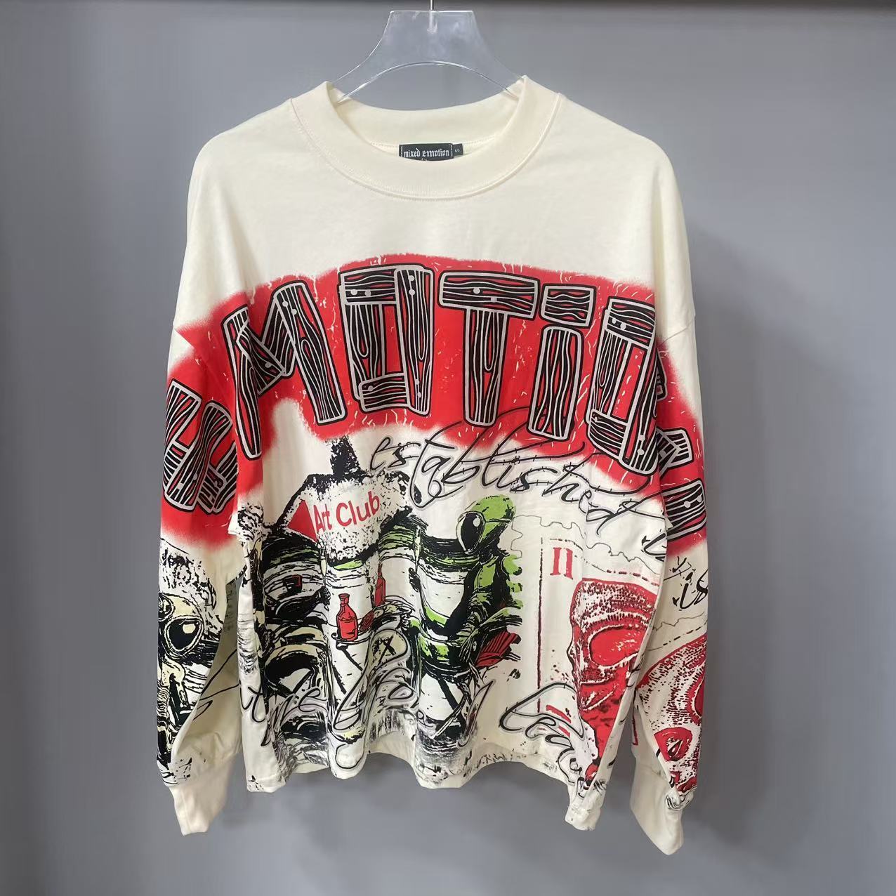 Street Fashion Designers - เสื้อยืดแขนยาวดีไซน์เนอร์คุณภาพสูง MIXED-EMOTION ผ้าฝ้าย 100% สำหรับผู้ชายและผู้หญิง ลายพิมพ์วินเทจและประดับคริสตัล