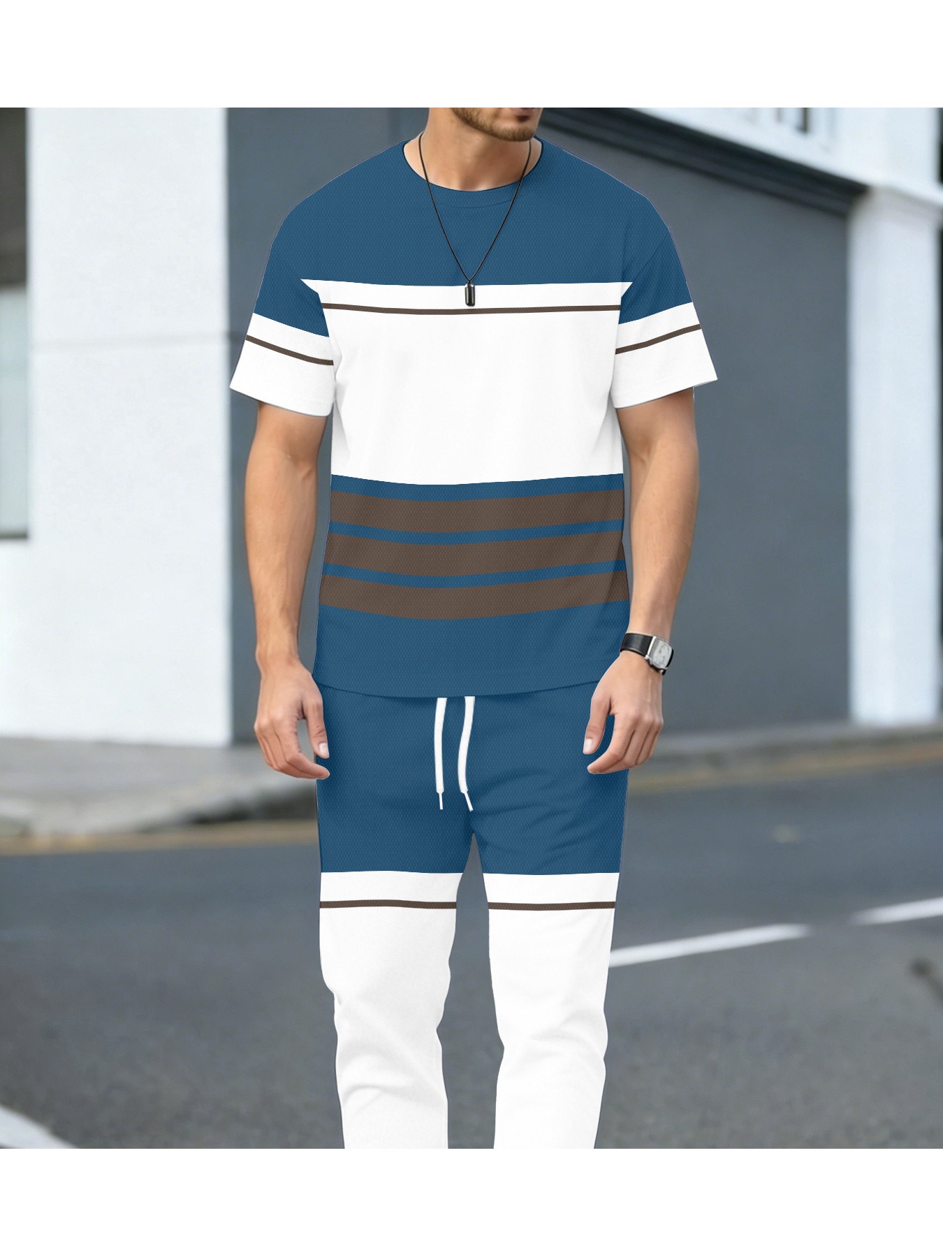 Street Fashion Summer 2026 - ชุดเซ็ตเสื้อยืดแขนสั้นกางเกงขายาวลายทาง 3 มิติ สไตล์ลำลองแฟชั่นสตรีทใหม่ประจำฤดูร้อนปี 2026 สำหรับผู้ชาย