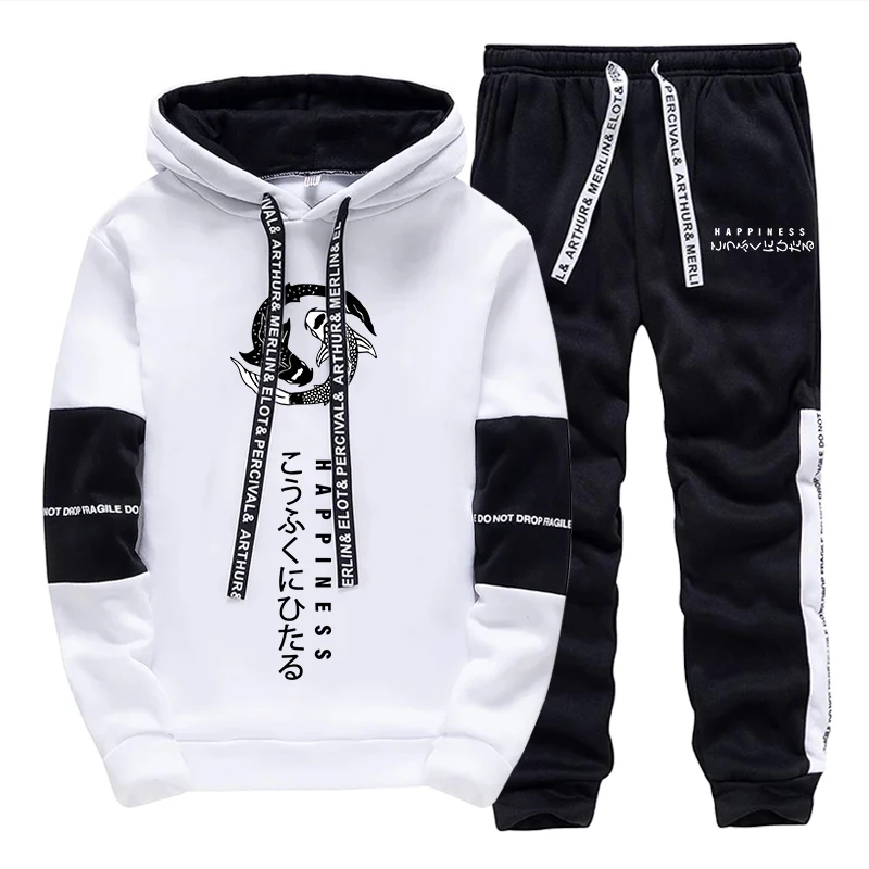 Street Fashion Winter - ชุดวอร์มแฟชั่นผู้ชายลายพิมพ์ เสื้อฮู้ดแขนยาวลำลองสำหรับกิจกรรมกลางแจ้ง เสื้อผ้ากีฬา วิ่งจ๊อกกิ้ง สตรีทแวร์ เสื้อฮู้ดเดี่ยวพร้อมกางเกง